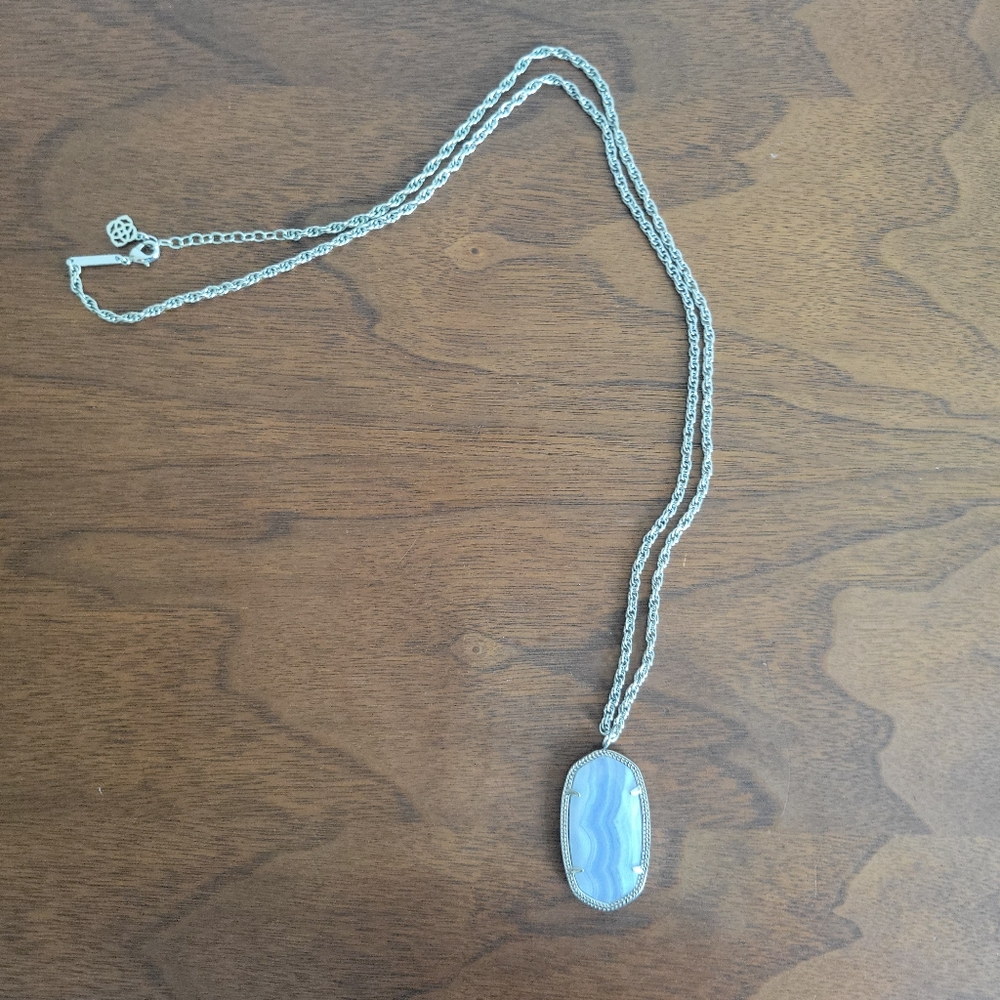 Kendra Scott Reid Long Pendant Necklace in silver blue lace agate. Rare find